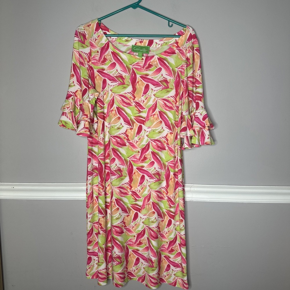 PAPPAGALLO Erika Bright Floral Midi Dress Sz Large Resort Wear Beach Happy
